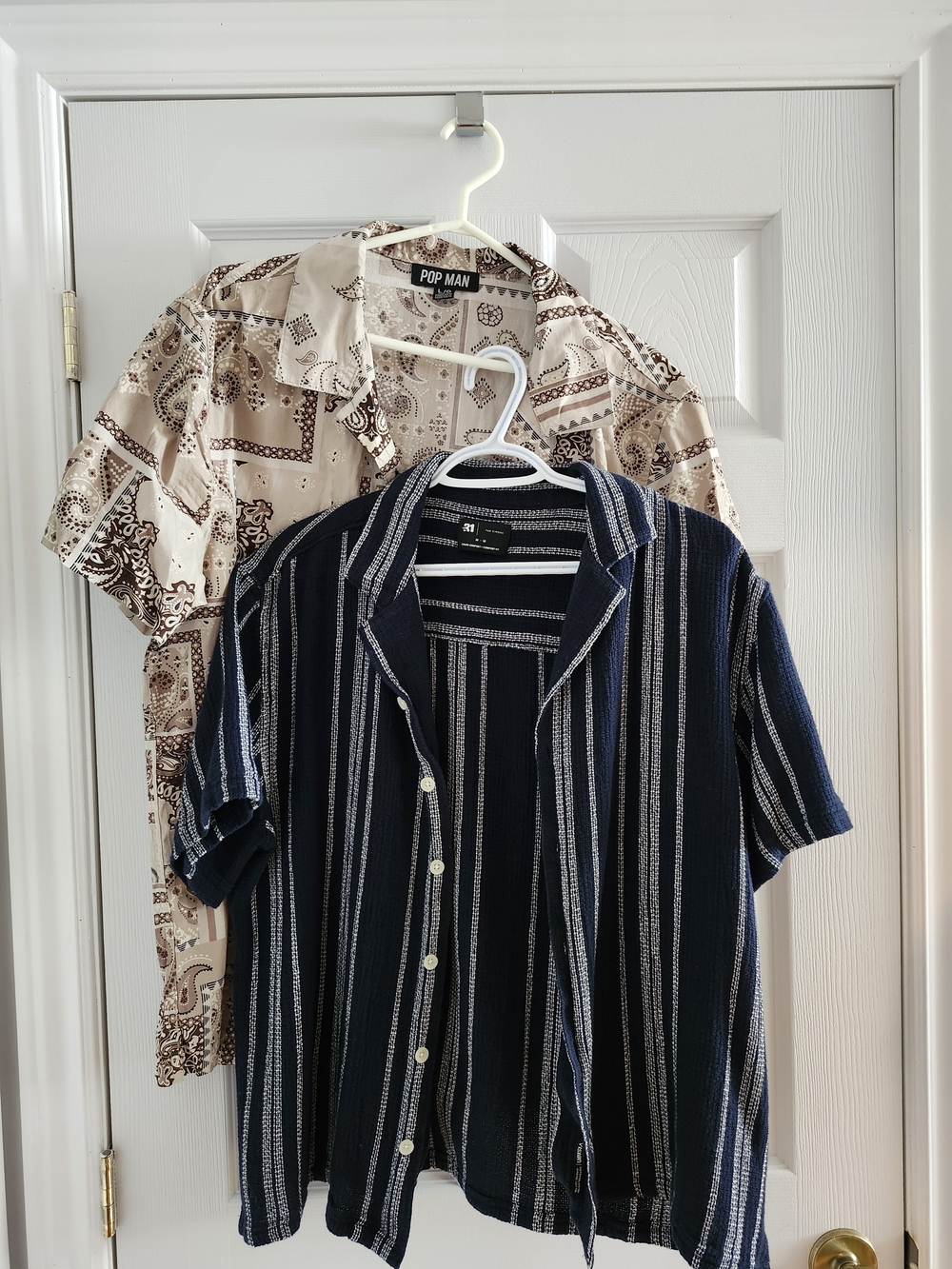Simons Navy and Beige Patterned Short-Sleeve Button-Down Shirts (Set of 2)